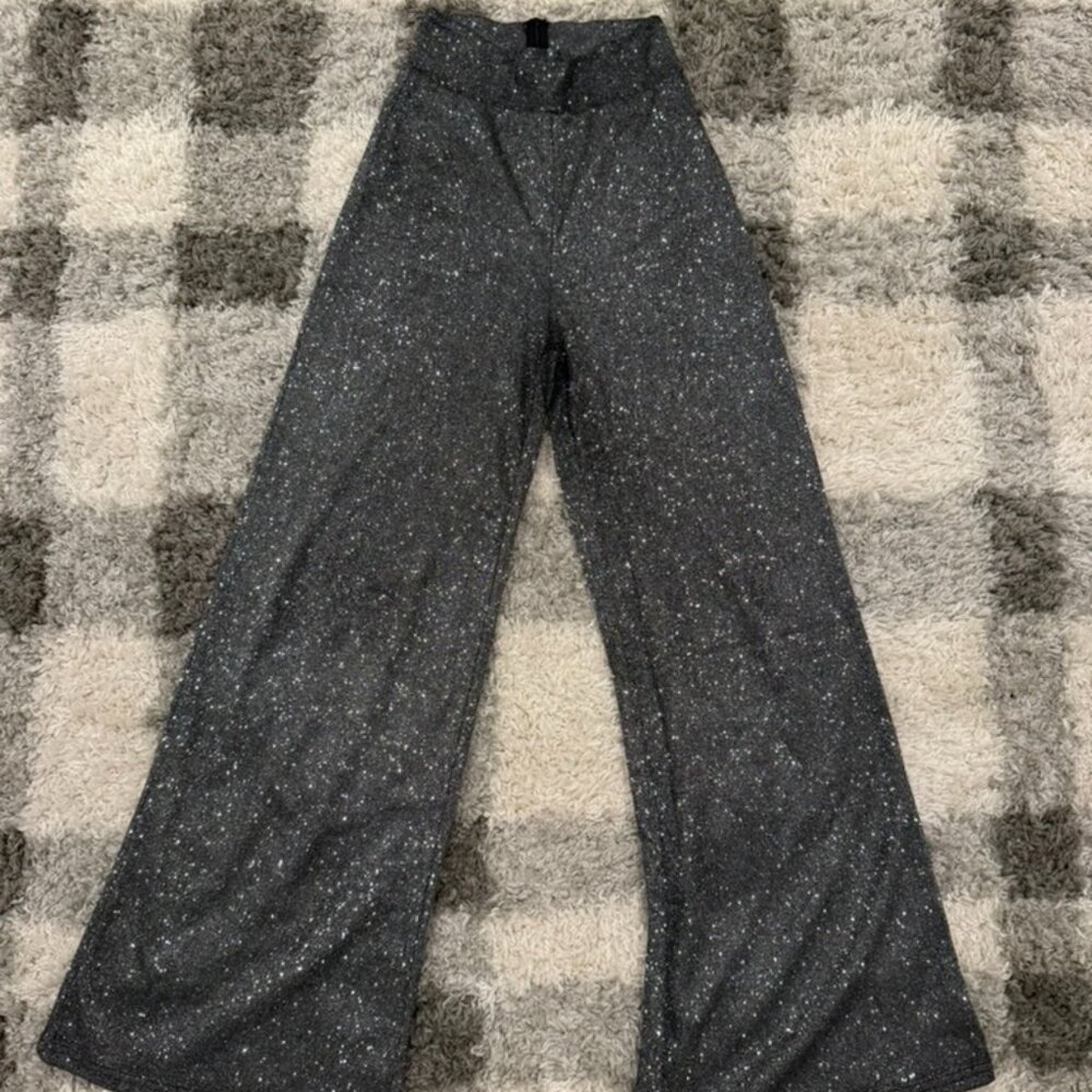 Boutique Black Silver Glitter Wide Leg High Waisted Palazzo 70s Vibe